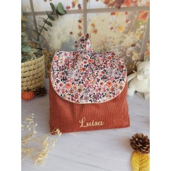 Sac dos maternelle velours prénom personnalisé broderie fait main enfant range doudou cadeau cartable crèche bébé petit sac