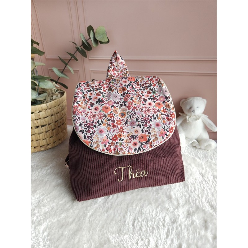 Sac dos maternelle velours prénom personnalisé broderie fait main enfant range doudou cadeau cartable crèche bébé petit sac