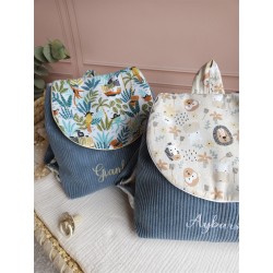 Sac dos maternelle velours prénom personnalisé broderie fait main enfant range doudou cadeau cartable crèche bébé petit sac