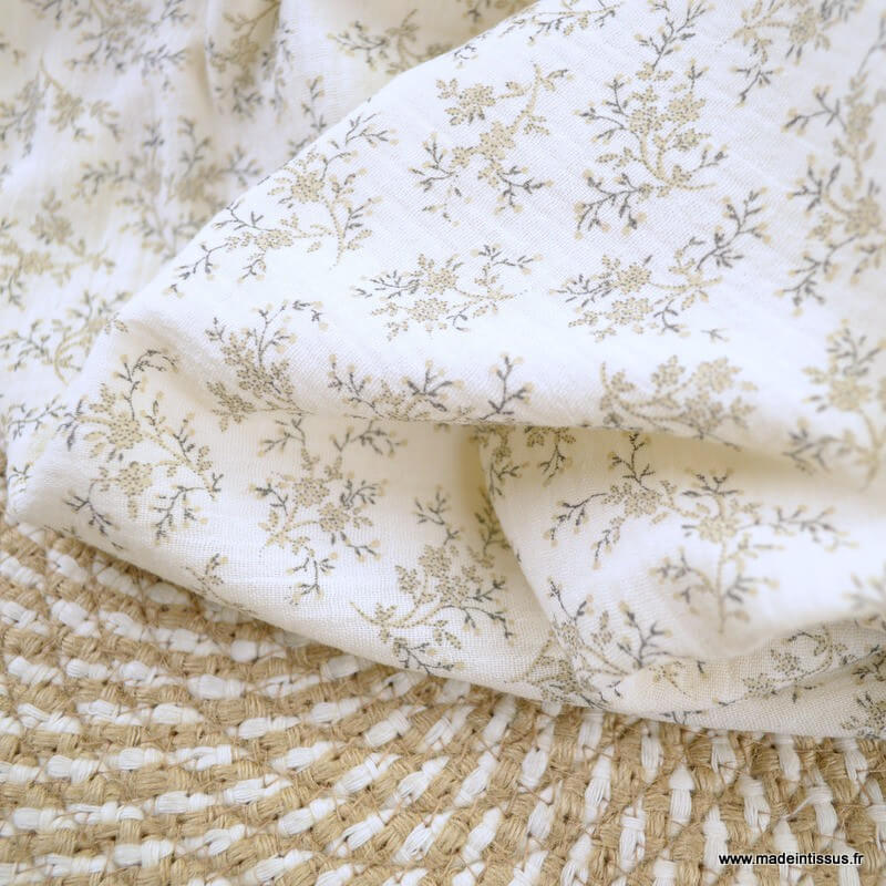 Double gaze colette motifs fleurs fond ecru