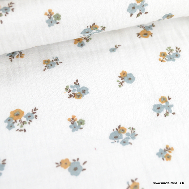 Double gaze hope motifs fleurs bleues fond blanc