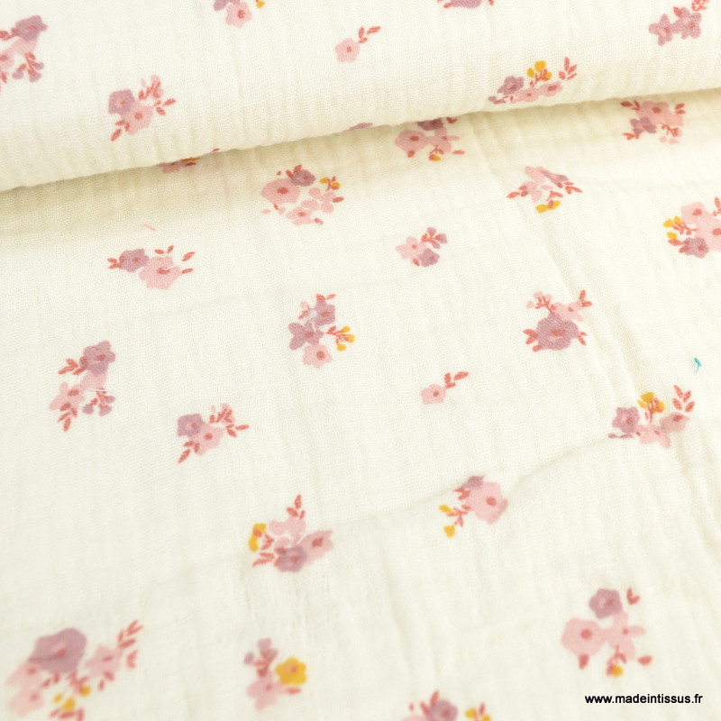Double gaze hope motifs fleurs roses fond ecru