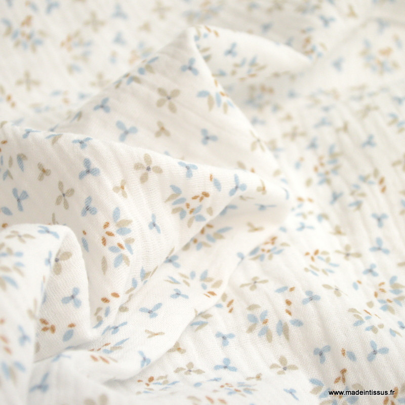 Double gaze jefine motifs fleurs bleu et naturel fond blanc