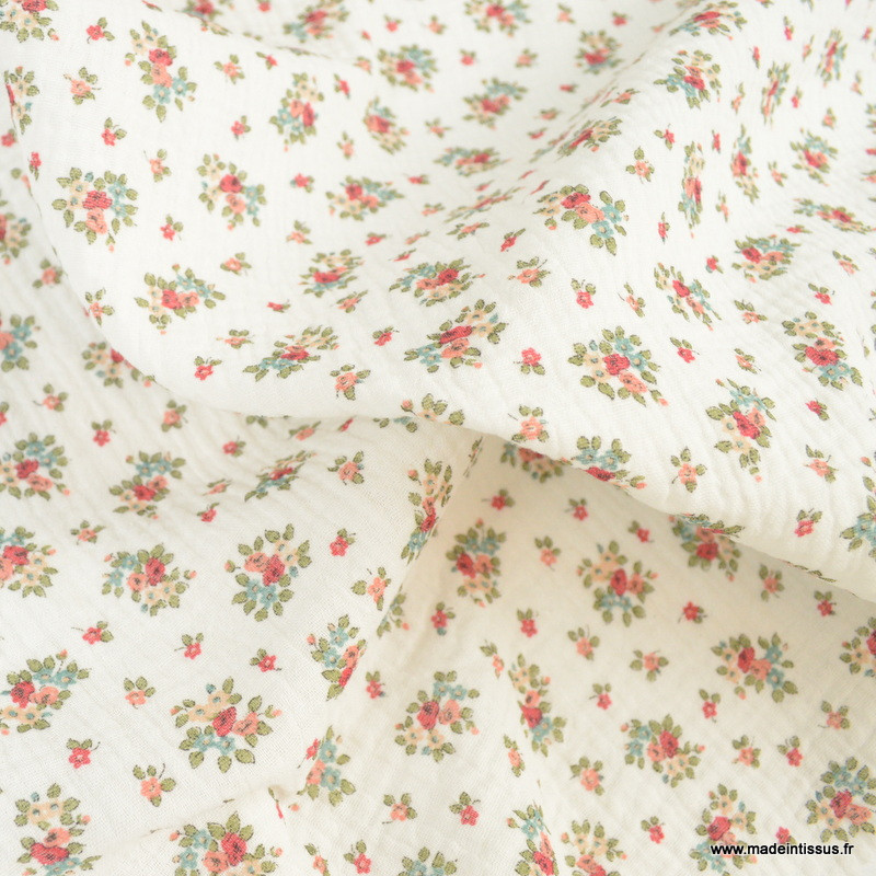 Double gaze motifs fleurs rouge corail blanc cassé